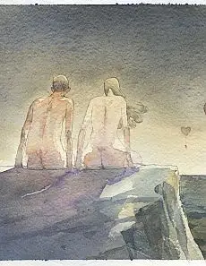 Due persone nude sedute fianco a fianco su una scogliera fronte mare